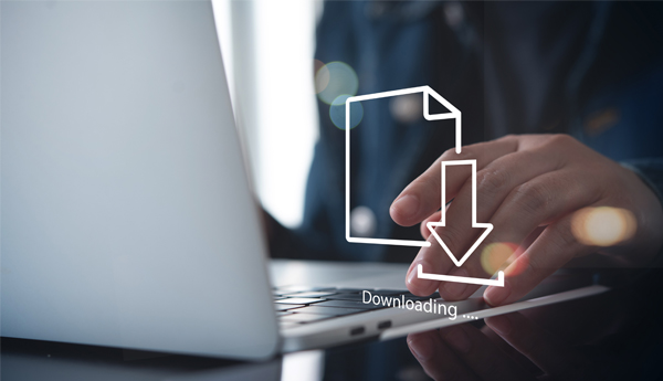 Graphic image of a person downloading software on a laptop