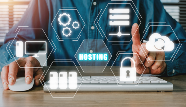 Graphic image of digital people standing in front of digital computer