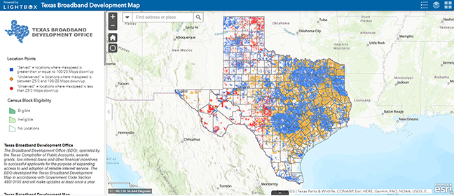 Texas Comptroller of Public Accounts’ Broadband Development Office's map of Texas